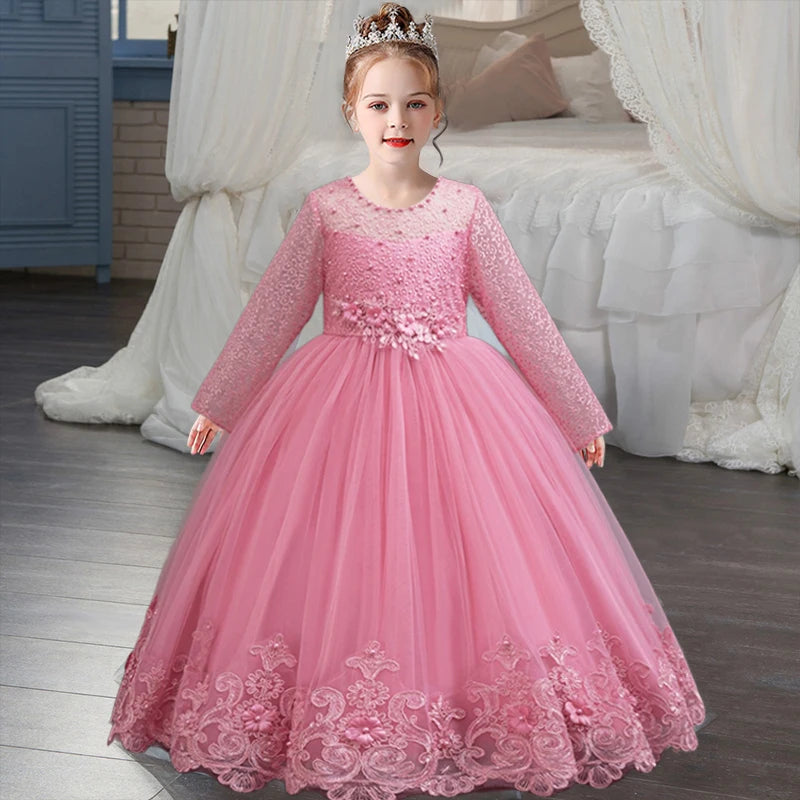 Children's Embroidered Party Evening Dress 3-12 Years Old Lace Long Sleeve White Wedding Dress