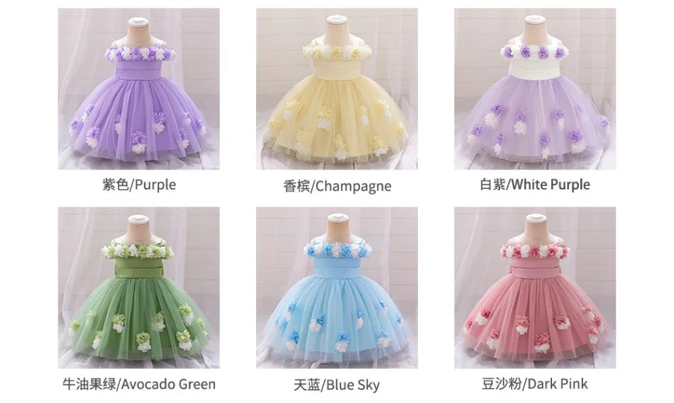 New Baby Girls 1st Princess Dress Infant Three-dimensional Flower One-word Shoulder Mesh Dress Baby Girl Performance Dress ASQ03
