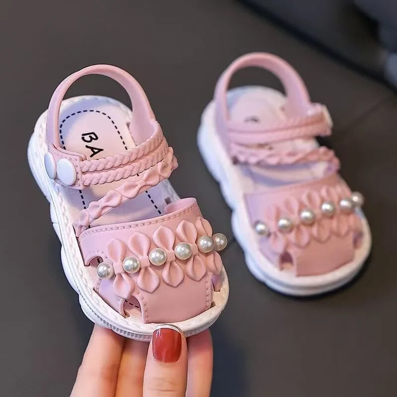 Summer Girls Sandals Cute Bow Pearl Bead Baby Girl Shoes Soft Bottom Toddler Sandals