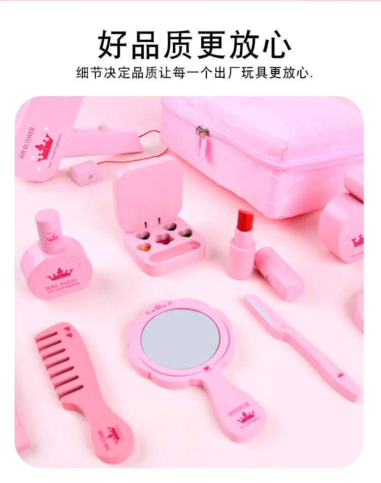 New Wooden Girls Makeup Set Pink Make Up Bag Toy Wood Simulation Cosmetic Handbag Pretend Play Toys For Girl Gifts Pretend Play