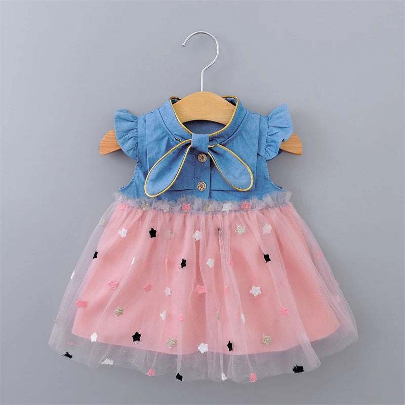 Baby Girls Dresses Summer 1-4Years Kids Tulle Dress Ruffles Sleeve Denim Cotton Mesh