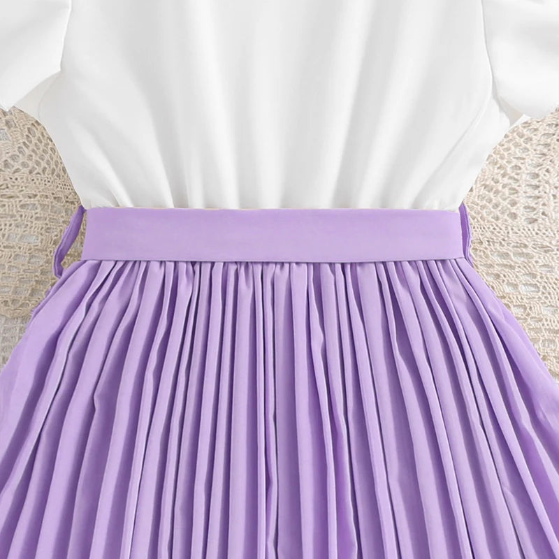 Emma Kids Dress for Girls with Pleated Skirt and Bow Tie