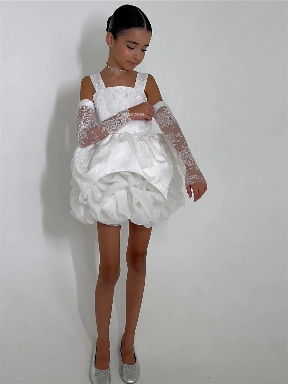 Lace Flower Girl Dress Puff Girls Party Dresses for Wedding Full Sleeves Satin Dress