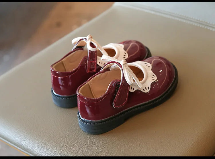 Girl's Princess Shoes Wine Red Black Ruffles Elegant Patent Leather Bowknot Children Flat Shoes 21-35 Toddler Kids Single Shoe