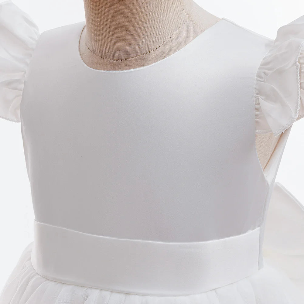 Kids Girls White Dresses Flower Child Wedding Dress Elegant Tulle Gown Baptismal Ceremony Costume Children Birthday Gift Dress