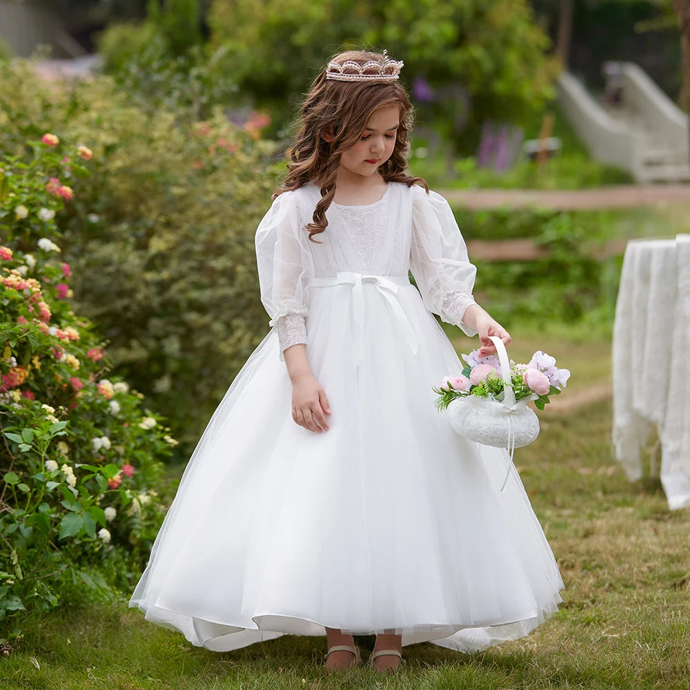 Summer Flower Girls Dress Bow Long Sleeve Wedding Ball Gown Child Host White Dress