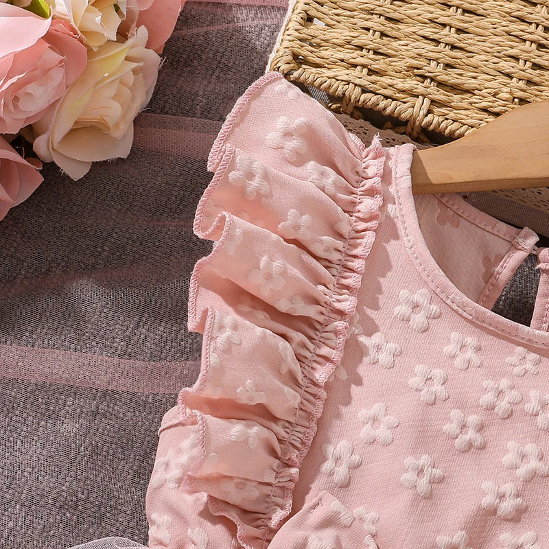 Dress For Girls Yellow O-Neck Fly-Sleeve Tulle Bowknot
