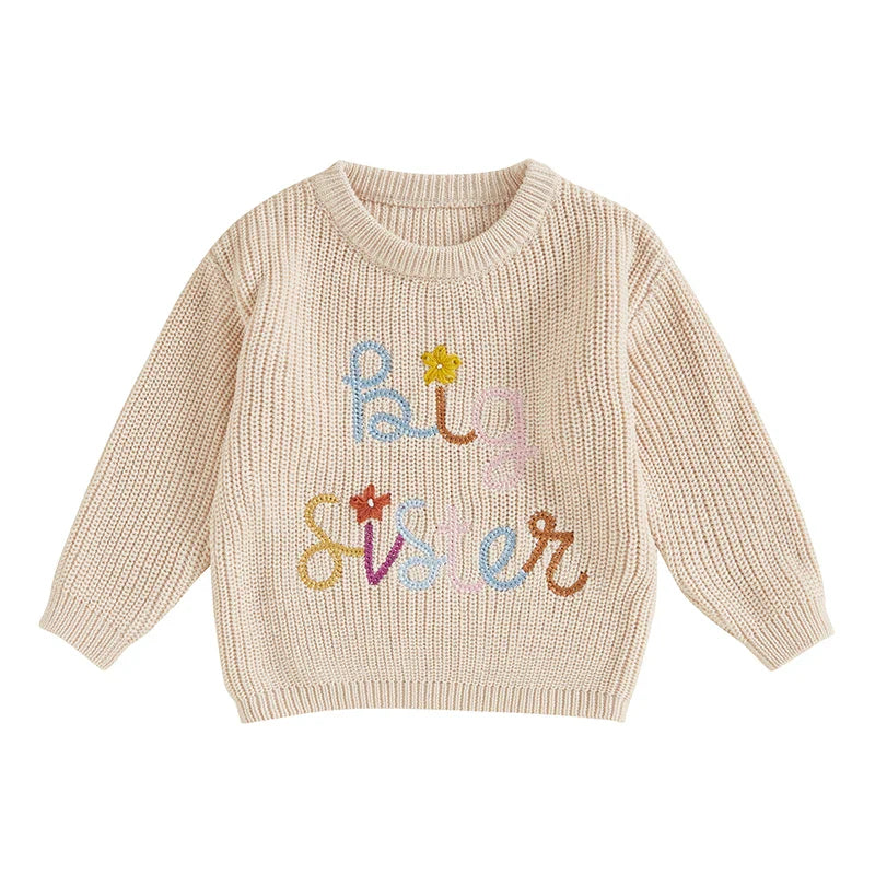 Nahiomy Girls Big Sister Fall Winter Sweater Casual Letter Flower Embroidery