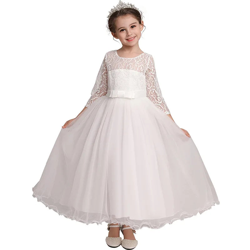 Girl's bow long sleeved princess dress 4-14 years old lace long mesh dress