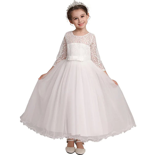 Girl's bow long sleeved princess dress 4-14 years old lace long mesh dress