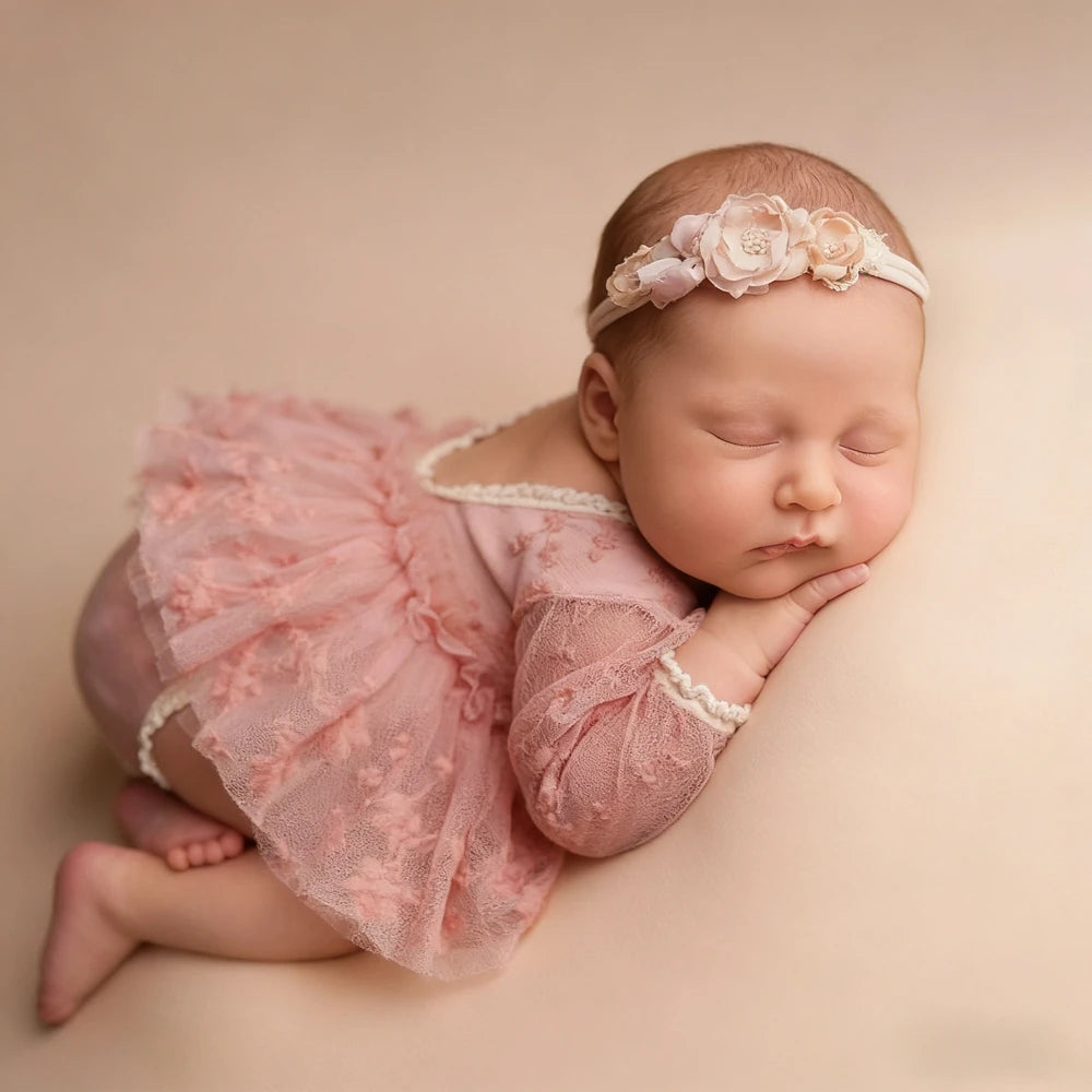 Baby Girl Tutu Dress Pink Lace Floral Embroidered Long Sleeve Romper Newborn Photography Outfit Photo Shoot