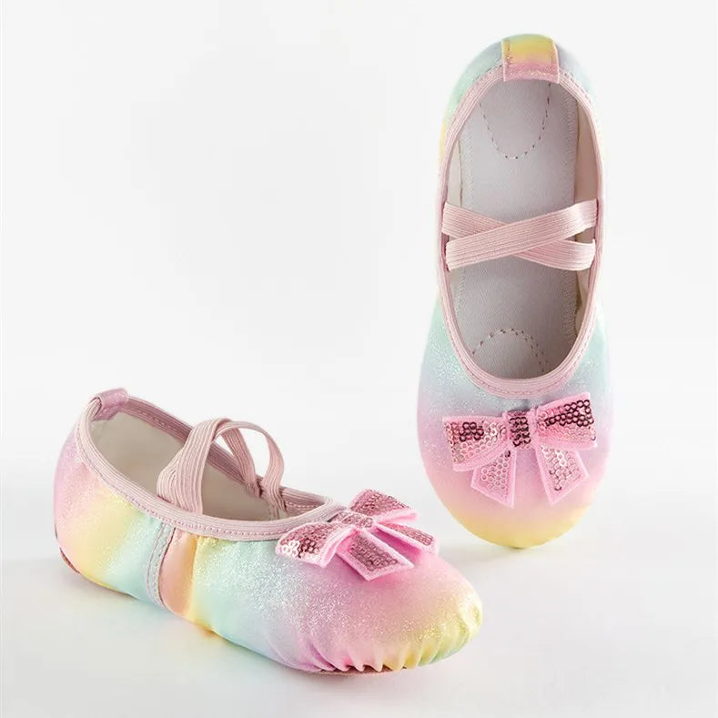 Girl Ballet Shoes Glitter Split-Sole Dance Slippers Toddler Kids Practice Shoes Flats Soft Lightweight  Elastic Laces Colorful