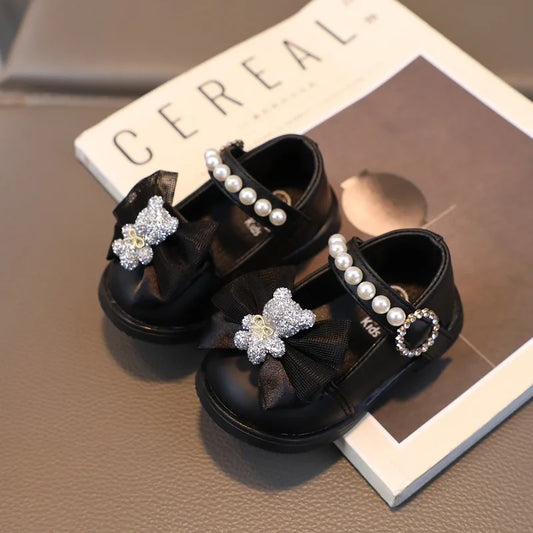 Baby Girl Leather Shoes Kids Bow Pearl Princess Shoes Shallow Soft Sole Cute First Walkers Infant Toddler Cartoon Single Shoes