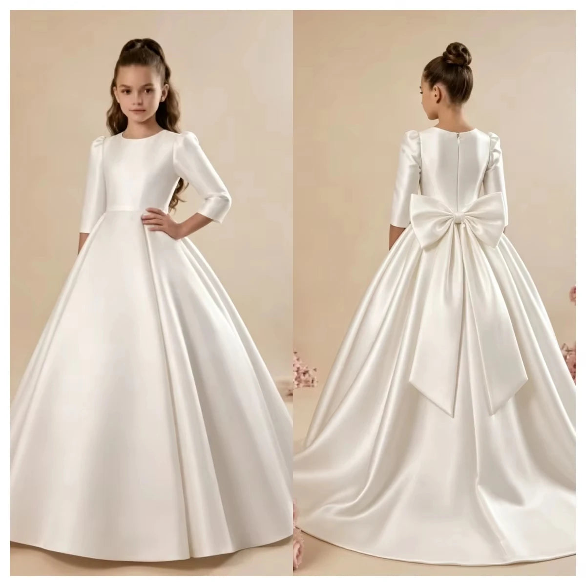 Girls First Communion Dress New Long Sleeves Satin Elegant Tail Evening Gown Girls Dress
