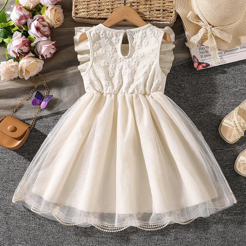 Dress For Girls Yellow O-Neck Fly-Sleeve Tulle Bowknot