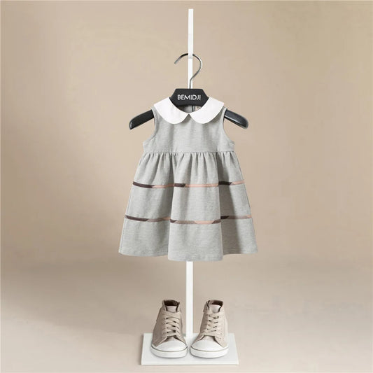 Summer Casual Fashion Turndown Collar Baby Girls Dresses Kids Sleeveless Plaid British Style Dress