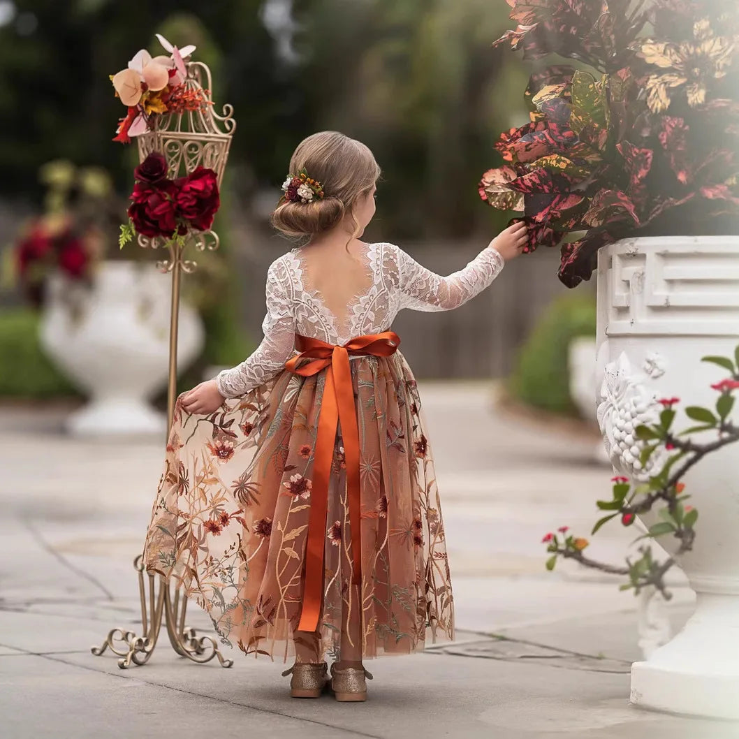 Children Girls Wedding Dress Crochet Lace Embroidery Kids Clothing Wear