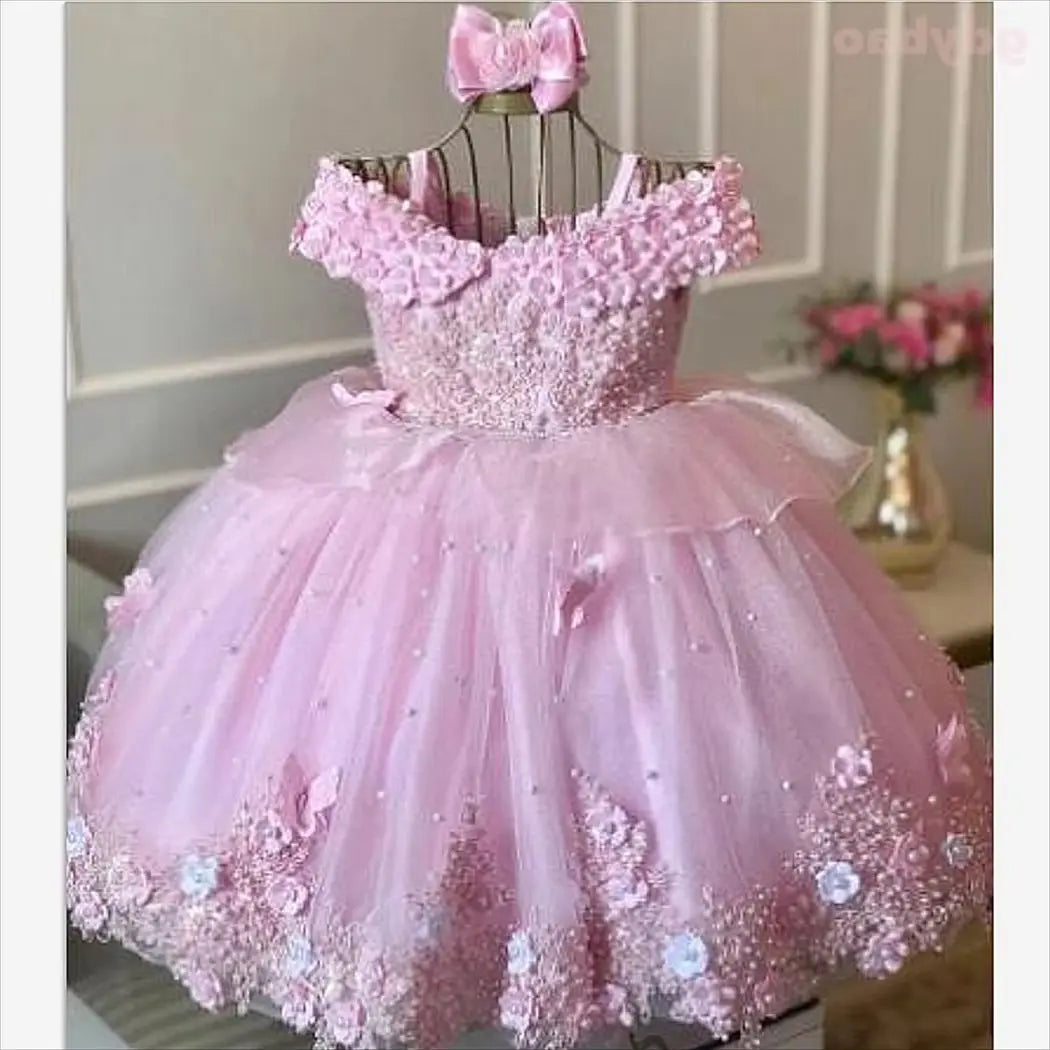 Pink Baby Girls Dresses Off Shoulder Pearls Lace Butterflies Flower Girl Dress Party Gown
