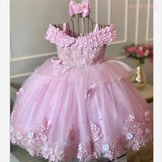Pink Baby Girls Dresses Off Shoulder Pearls Lace Butterflies Flower Girl Dress Party Gown