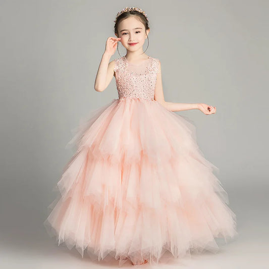 2025 Girls Catwalk Pink Flower Girl Tulle Tutu Wedding Host  Dress