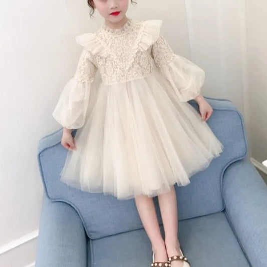 2023Girls' Autumn Winter New Fashion Half High Neck Long Sleeve Solid Color Dress