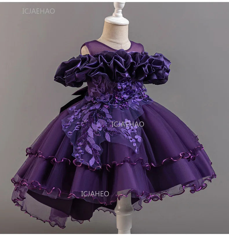 Girls Flower Girl Dress with Train Tulle Princess Gown Christmas Birthday Party Pageant Formal Dresses Kids Children Clothing