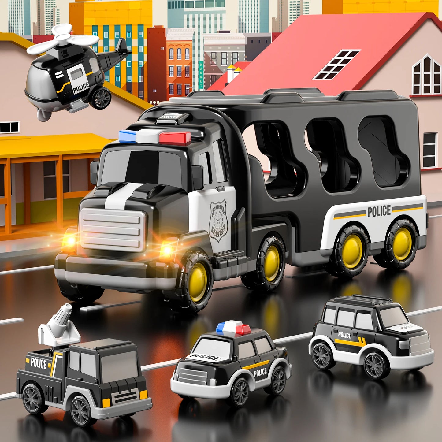 Police Truck Toy Set for Kids - 5 in 1 Truck and Cars