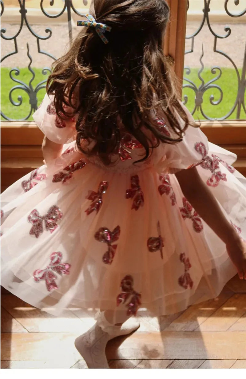 Girls' Dress 2025 Summer Danish New Cute and Fashionable Bow Sequin Princess Dress