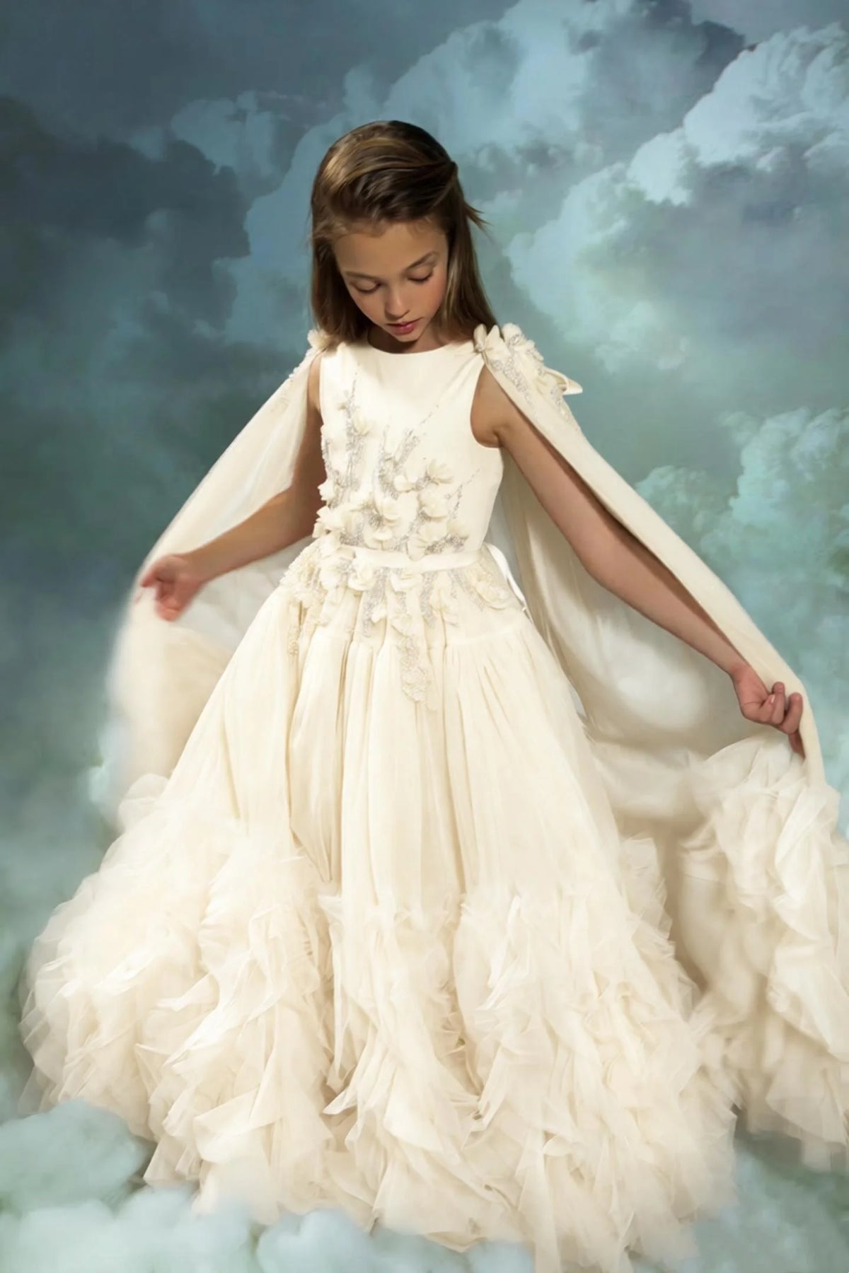Blush Pink Flower Girl Dresses With Cape Customized Floral Ruffles Princess Baby Girl's Birthday Party Gowns Kids Pageant Dress