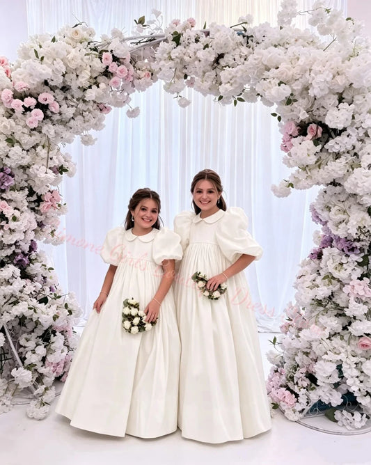 Girl Gown Elegant Princess Draped Flower Girl Dress for Wedding Party Neck High Waist Balloon Sleeve Holy Communion Dress Custom
