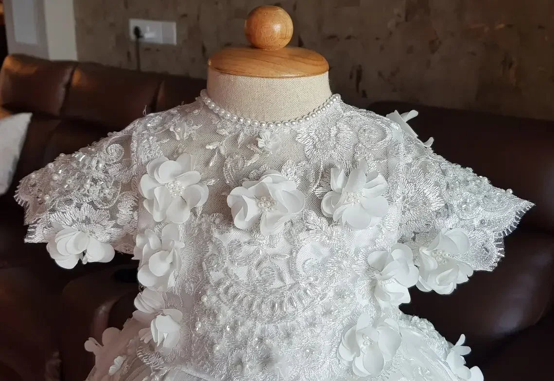 Customized Baptism Dress Baby Girls Robe Lace Christening Gown With Bonnet Off