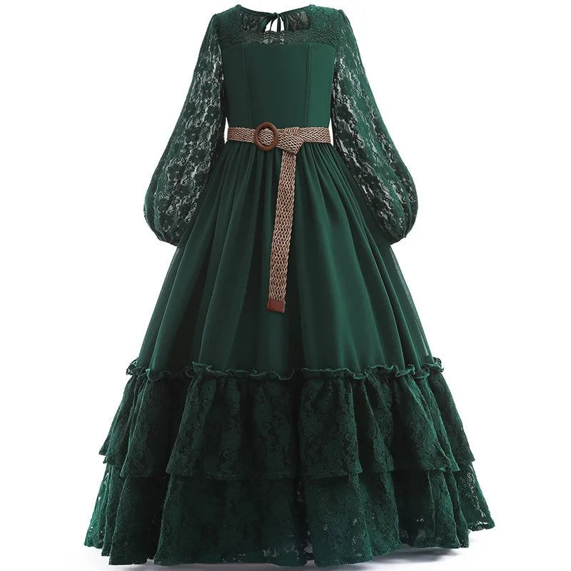 Girls lace long sleeved princess dress 2024 new high-end chiffon waist length