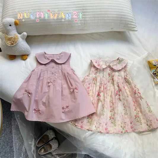 Girls Casual Dresses Flower Print Doll Collar Dress with Bow Flower Girl Dresses