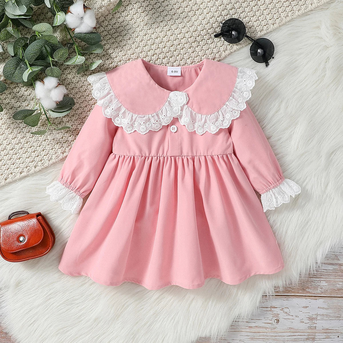 2025 Baby Girls' Dresses Autumn New Style Long Sleeve Doll Collar With Lace Princess Dresses