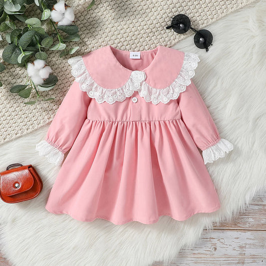 2025 Baby Girls' Dresses Autumn New Style Long Sleeve Doll Collar With Lace Princess Dresses
