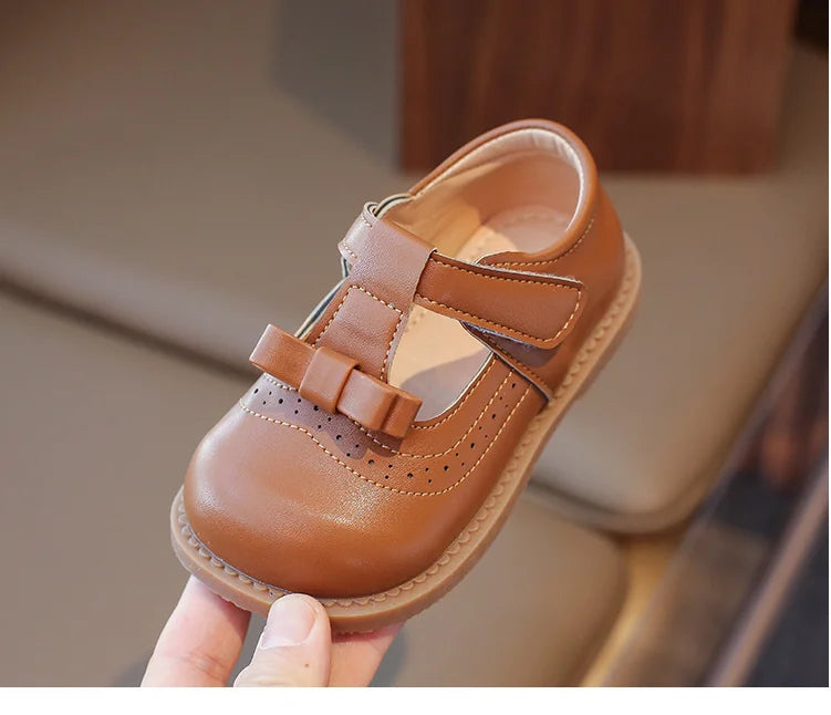 Girl's Bow Princess Shoes Leather Shoes 2026 Spring New Fashion Soft Sole Children's Single Shoes Soft Sole T-strap Kids Shoes