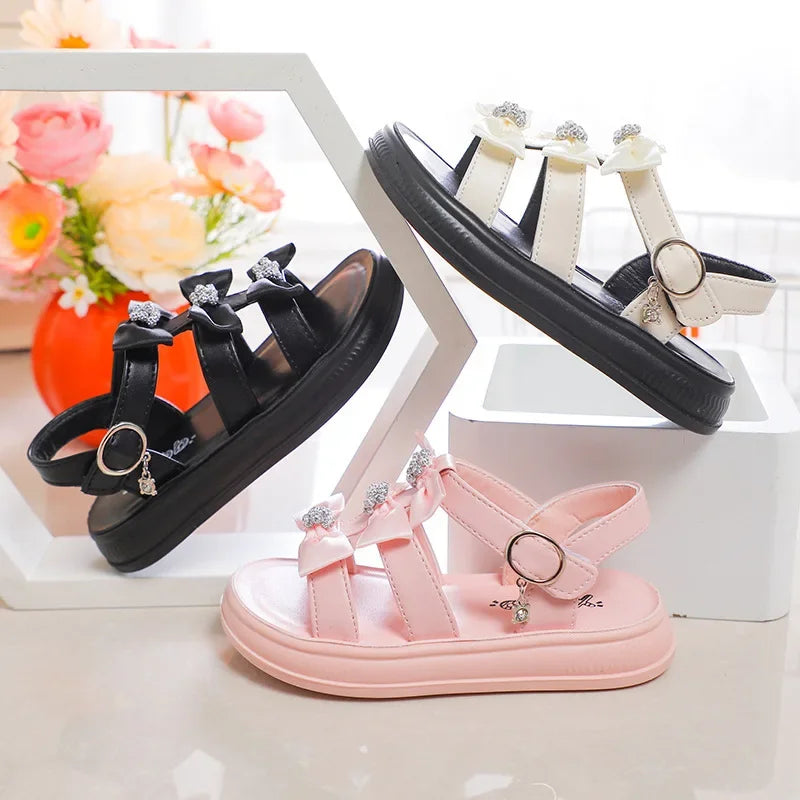 Girls Beach Shoes with Sweet Bows Soft Sole Kids Sandals Versatile 2025 Summer New Children Princess Shoes