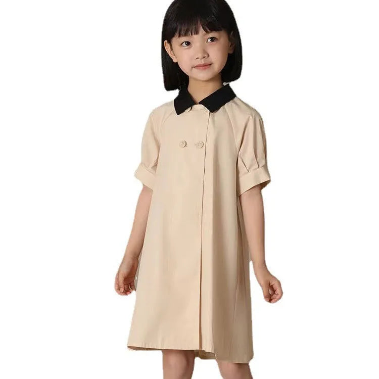 Girls Dress 2025 Spring Summer New Simple Temperament Cotton Contrasting Turn-down Collar Dress