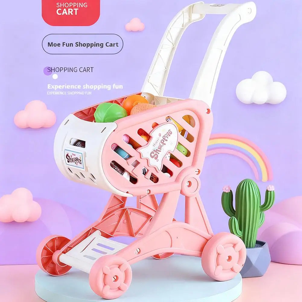 Shopping Cart Toy Baby Small Trolley Children Play House Fruit Cut Music Kitchen Supermarket