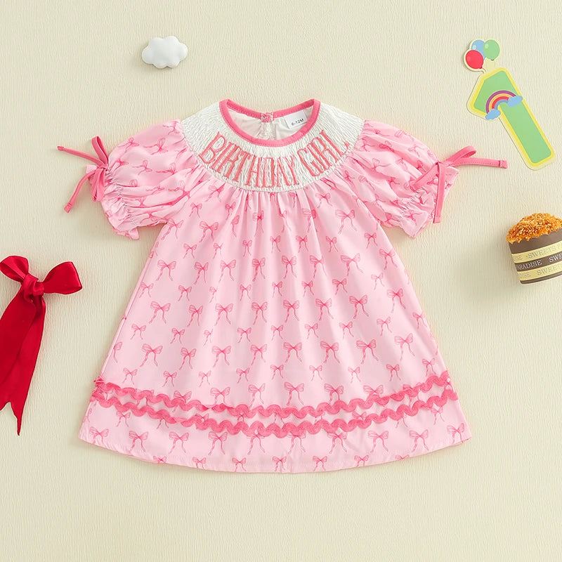 Toddler Girl Birthday Dress with Puff Sleeves and Embroidered Letters