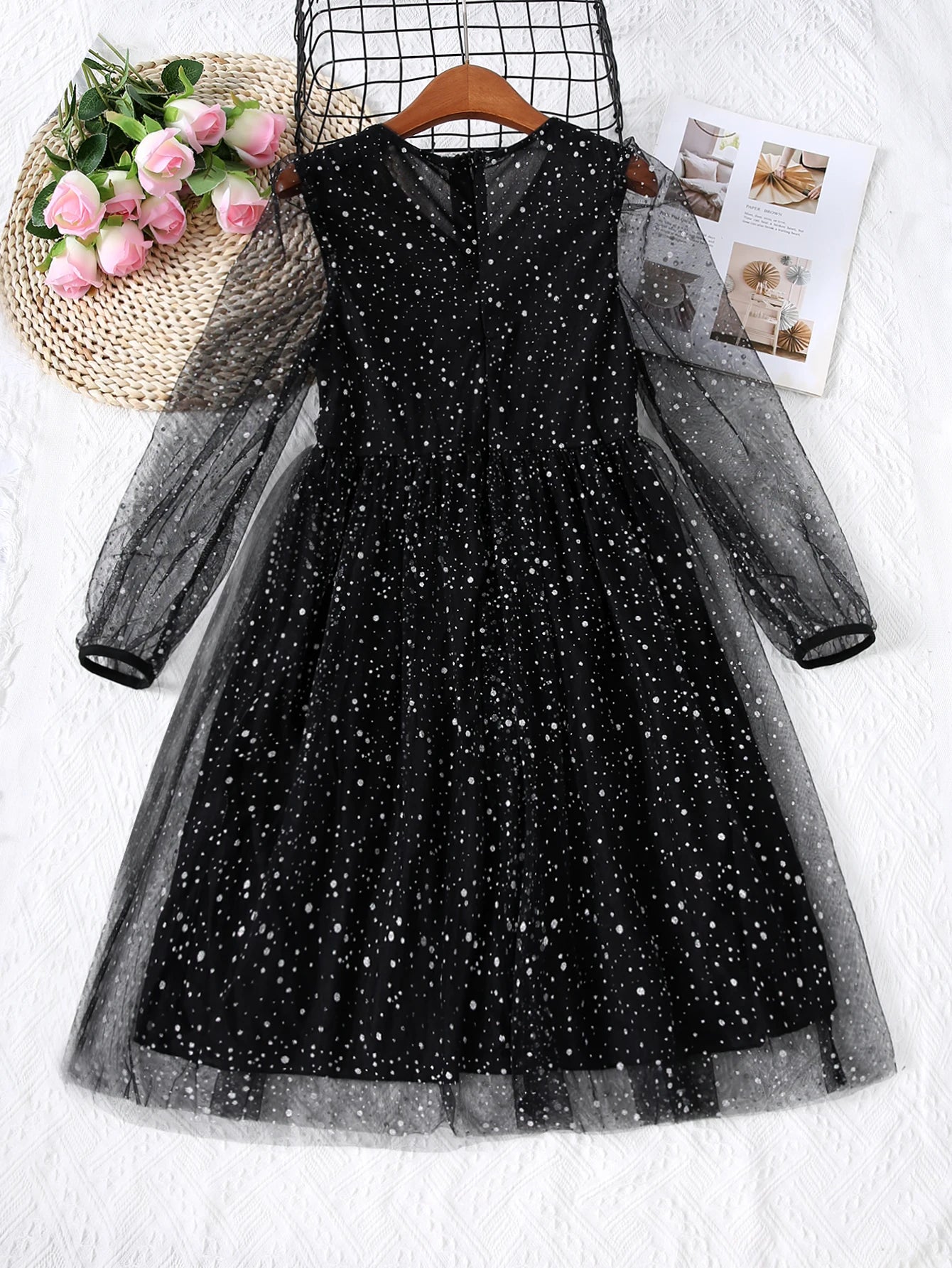 Spring And Autumn Style Girls' V-Neck Elegant Slim Fit Sequin Solid Color Dress