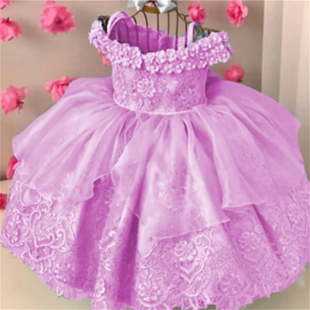 Baby Girls Dresses Off Shoulder Pearls Lace Butterflies Flower Princess Dress