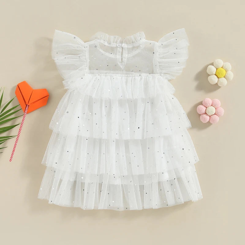 Zoe Toddler Girls Dress with Stars Moon Sequins and Ruffles