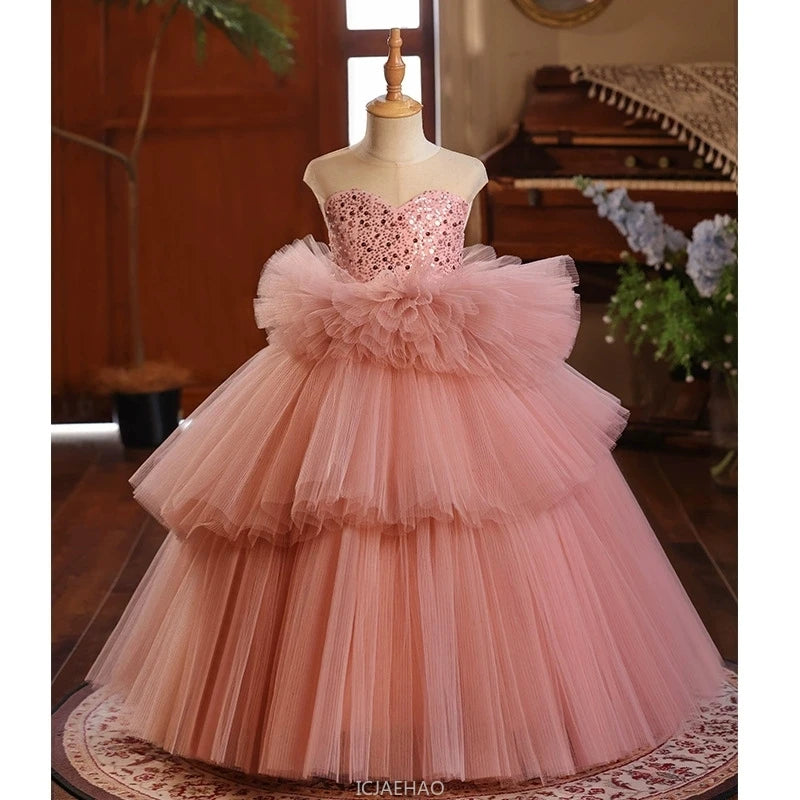 Girls Pageant Dress Stage Host Gown Kids Piano Performance Outfit Birthday Party FlowerWalking Formal Wear Girl Wedding Show