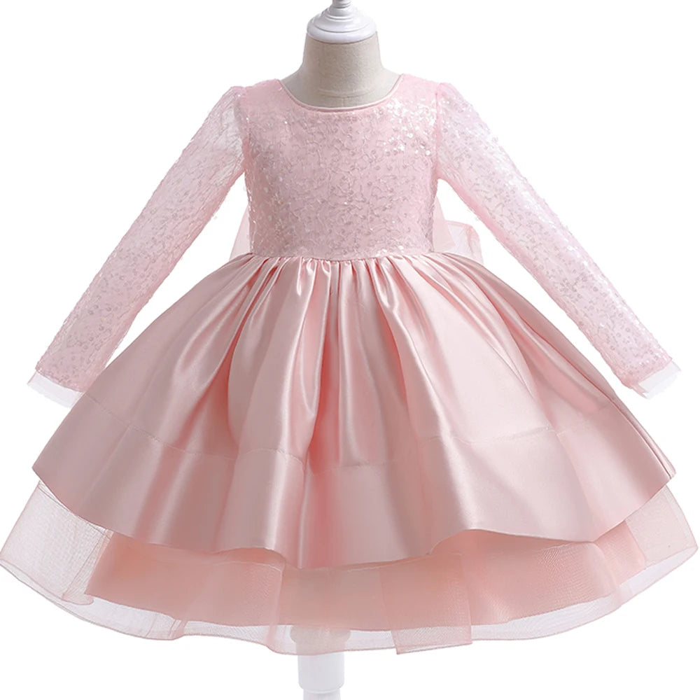 Fashion Sequins White Wedding Girls Party Dress Formal Bow Birthday Princess Dress