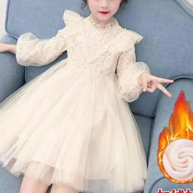 2023Girls' Autumn Winter New Fashion Half High Neck Long Sleeve Solid Color Dress