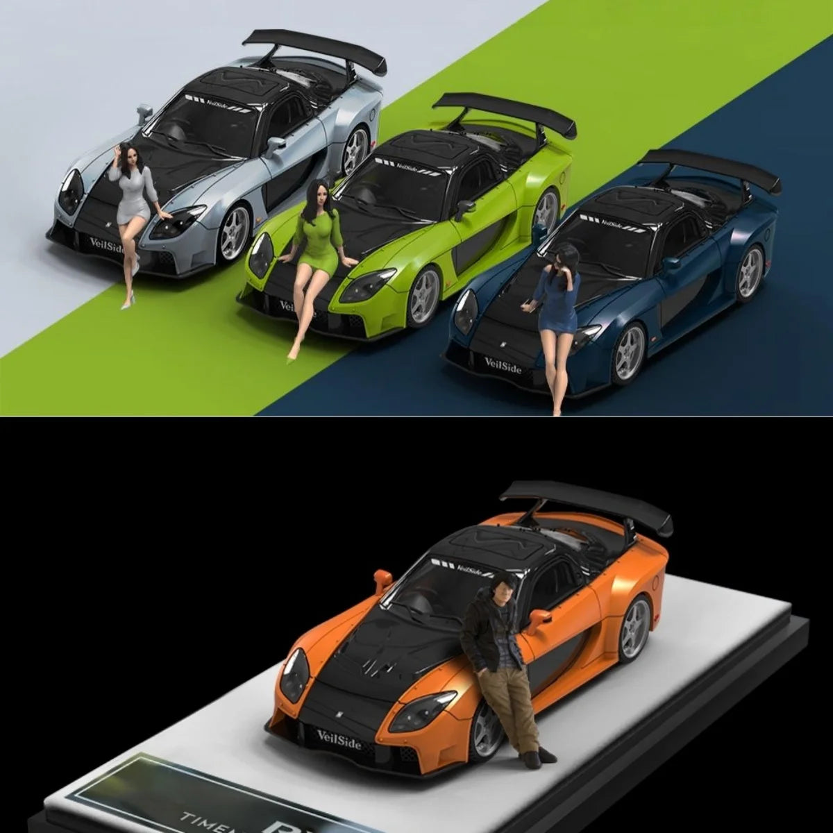 TimeMicro 1:64 RX-7 Veilside wide-body version orange/green/blue alloy car model