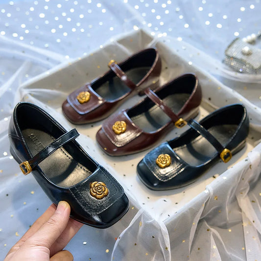 Girls High Heel Princess Shoes Spring Autumn Kids Leather Shoes Fashion Rose Flower Design Mary Jane Shoes for Party Performance