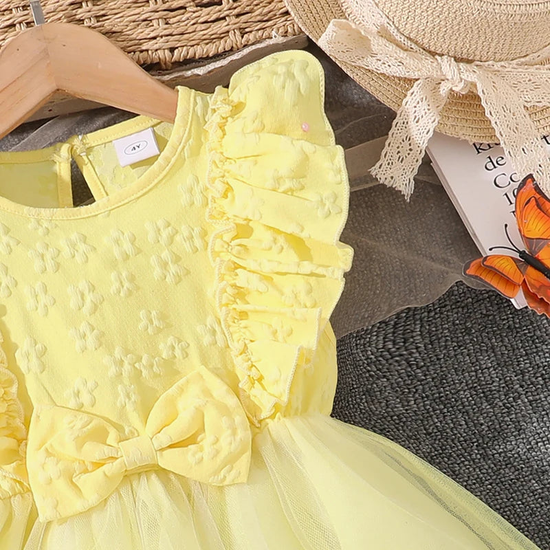 Dress For Girls Yellow O-Neck Fly-Sleeve Tulle Bowknot