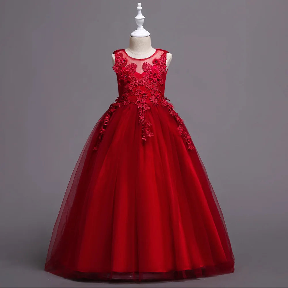Kids Dresses For Girl Clothes Lace Flower Ball Gown Girls Long Dress For Wedding Prom Party Princess Dresses Teenage Costume